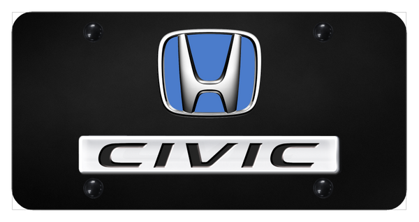 Honda Dual Civic (Blue Fill) License Plate - Chrome on Black License Plate - D.CIV.BL.CB