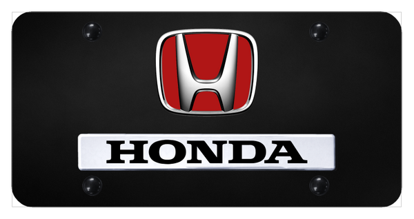 Honda Dual Honda (Red Fill) License Plate - Chrome on Black License Plate - D.HON.R.CB