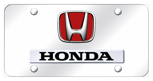 Honda Dual Honda (Red Fill) License Plate - Chrome on Mirrored License Plate - D.HON.R.CC