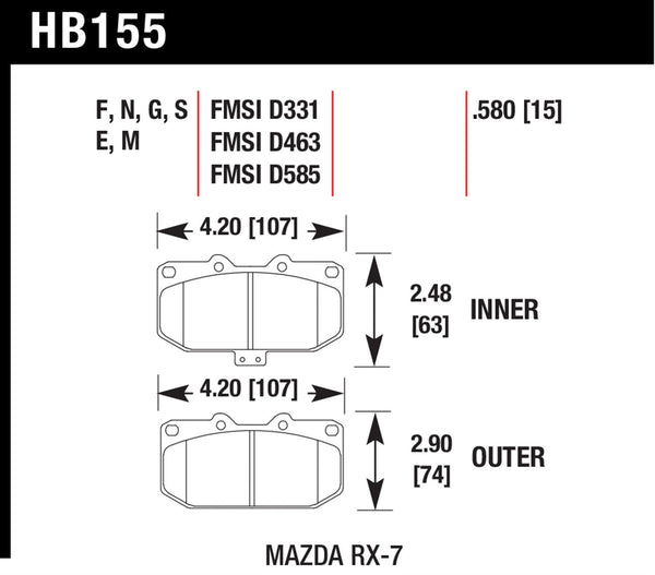 Hawk HPS 5.0 Brake Pads for 1987-1991 Mazda RX-7 Turbo Turbocharged 1.3 R2 - Front - HB155B.580 - (1991 1990 1989 1988 1987)