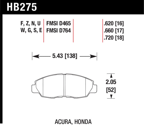 Hawk HPS 5.0 Brake Pads for 1997-1997 Acura CL 2.2 L4 - Front - HB275B.620 - (1997)