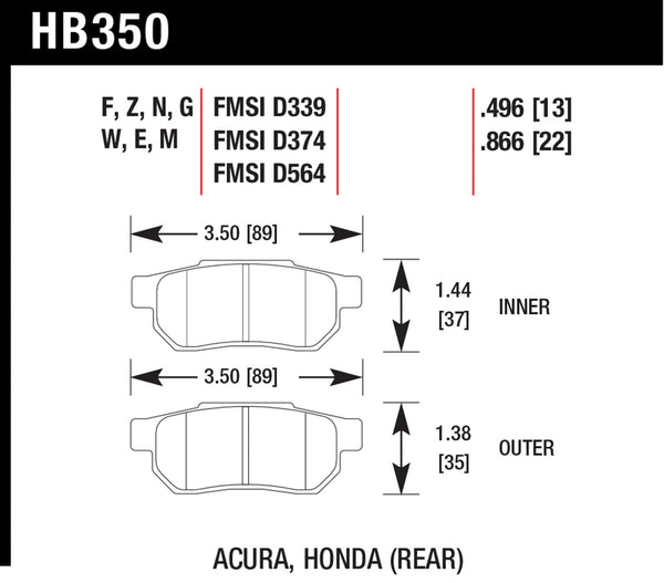 Hawk HPS 5.0 Brake Pads for 1988-1990 Honda Prelude 2.0 Si 2.0 L4 - Rear - HB350B.496 - (1990 1989 1988)