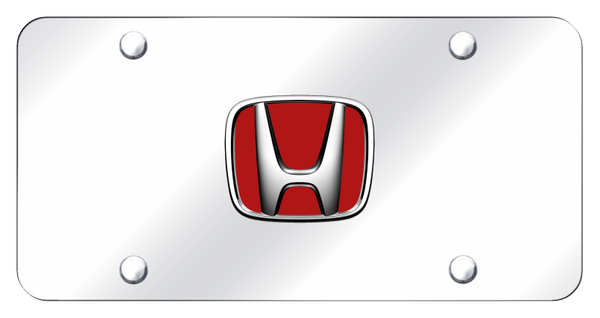 Honda Honda (Red Fill) License Plate - Chrome on Mirrored License Plate - HON.R.CC