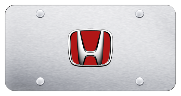 Honda Honda (Red Fill) License Plate - Chrome on Brushed License Plate - HON.R.CS