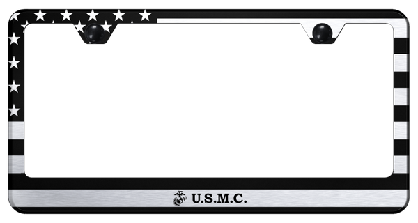 U.S.M.C. Flag Stainless Steel Frame - Laser Etched Black License Plate Frame - LF.USMCF.EB