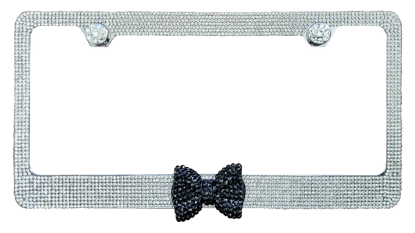 Blank 2 Hole Crystal Bow License Frame - Black on Clear License Plate Frame - LFCB.462.BKCL