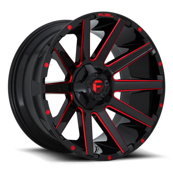 FUEL D643 Gloss Black w/ Milled Red Wheels for 2007-2018 JEEP WRANGLER - 20x9 01 mm - 20" - (2018 2017 2016 2015 2014 2013 2012 2011 2010 2009 2008 2007)