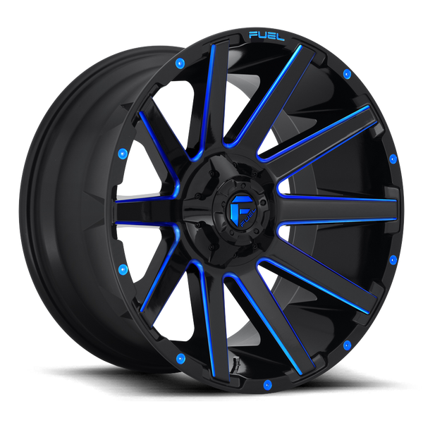 FUEL D644 Gloss Black w/ Milled Blue Wheels for 2007-2018 JEEP WRANGLER - 20x9 01 mm - 20" - (2018 2017 2016 2015 2014 2013 2012 2011 2010 2009 2008 2007)