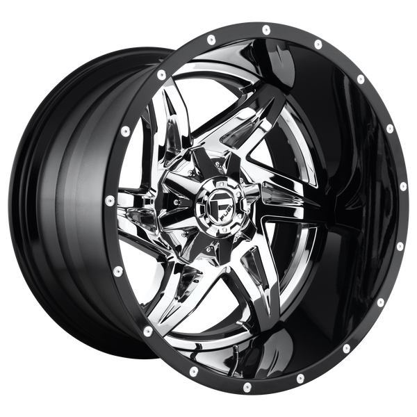 FUEL ROCKER CHROME PLATED GLOSS BLACK LIP Wheels for 1999-2004 FORD F-250 SUPER DUTY LIFTED ONLY - 22x14 -70 mm 22" - (2004 2003 2002 2001 2000 1999)