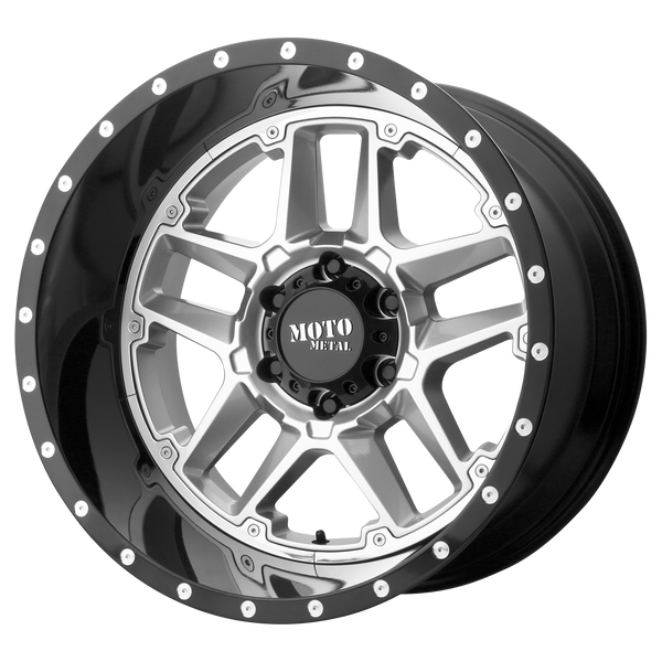 MOTO METAL SENTRY Gloss Silver Center Gloss Black Lip Wheels for 2005-2013 FORD F-250 SUPER DUTY - 20x9 18 mm 20" - (2013 2012 2011 2010 2009 2008 2007 2006 2005)