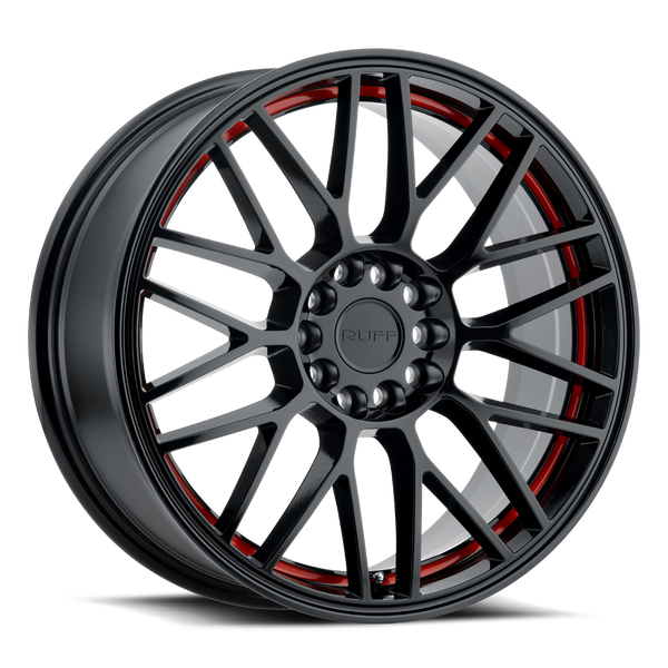 Ruff OVERDRIVE GLOSS BLACK W/ RED INNER LIP Wheels for 2004-2008 ACURA TL TYPE-S [] - 18X8 38 mm - 18"  - (2008 2007 2006 2005 2004)